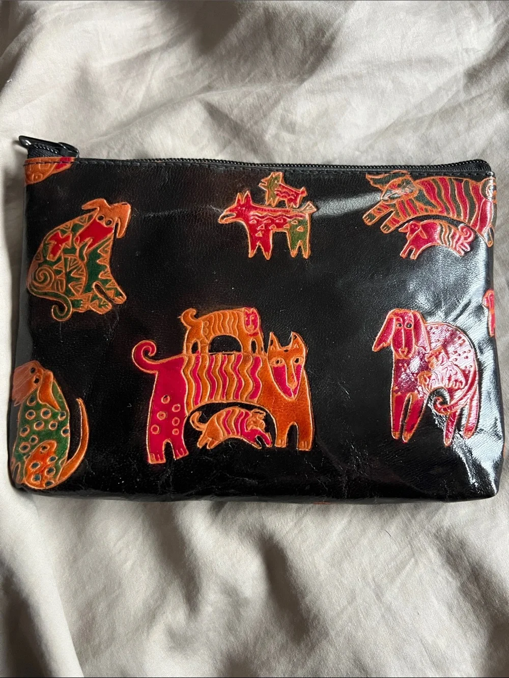 Laurel Burch Black Cosmetic Pouch with Orange, Pink and Green Dog Designs